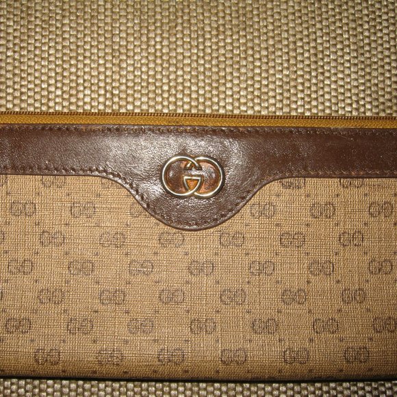 ❤️ Authen GUCCI Micro G Logo Print Tan Canvas Leather Coated Coin Wallet Clutch - Picture 2 of 6